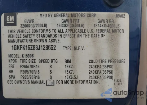 2003 GMC Yukon Xl 1500 Slt z USA, uszkodzony, nr VIN 1GKFK16Z83J128652